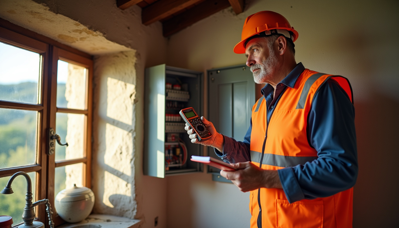 Technicien réalisant un audit électrique dans une maison à Les Églisottes-et-Chalaures