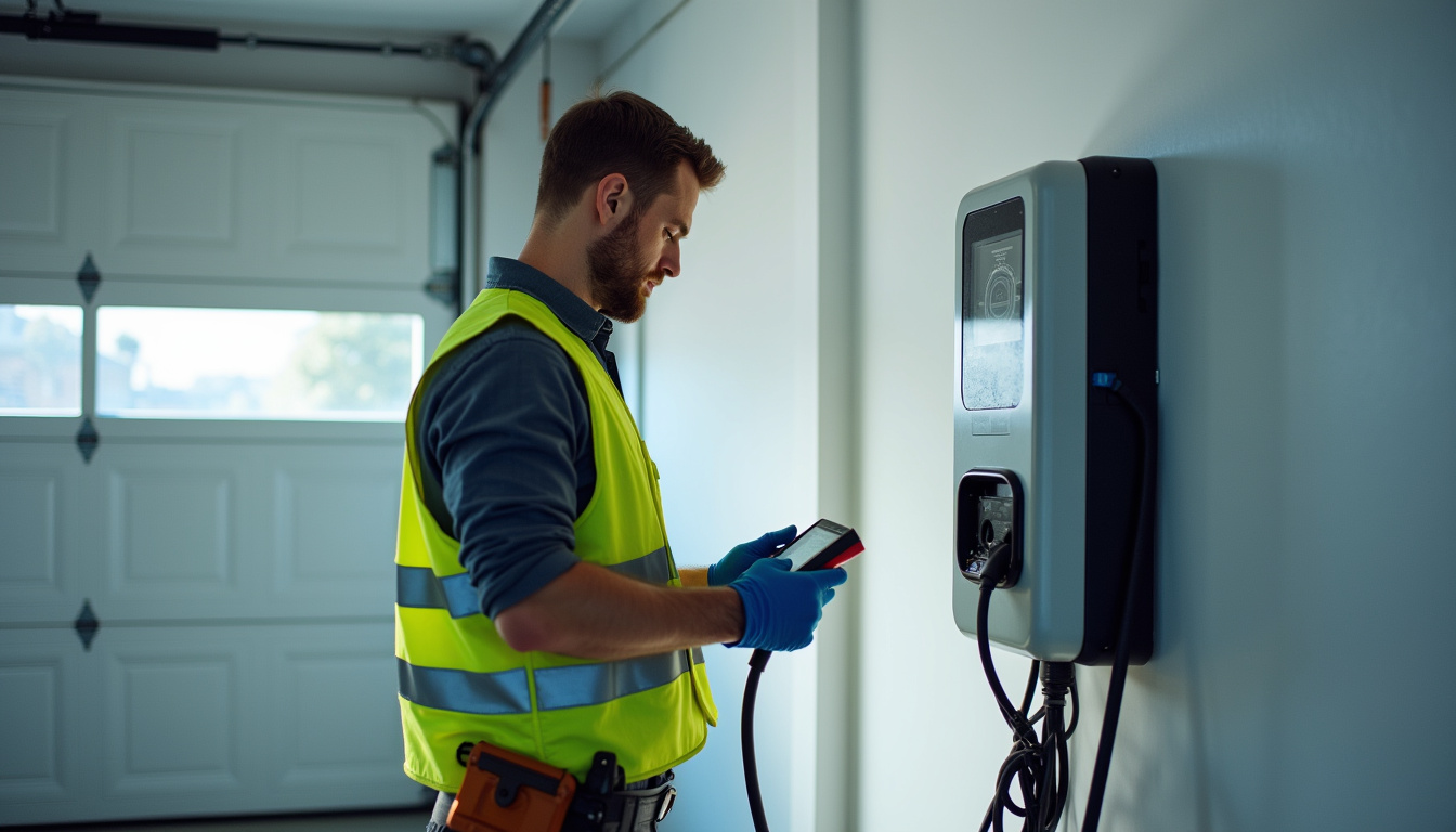 Technicien vérifiant la sécurité d'une installation de borne électrique