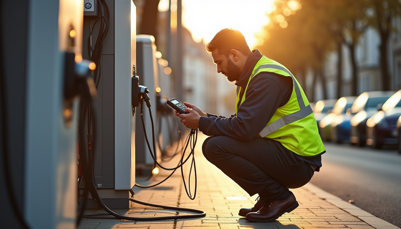 Technicien vérifiant le bon fonctionnement d'une borne de recharge à Marolles-en-brie