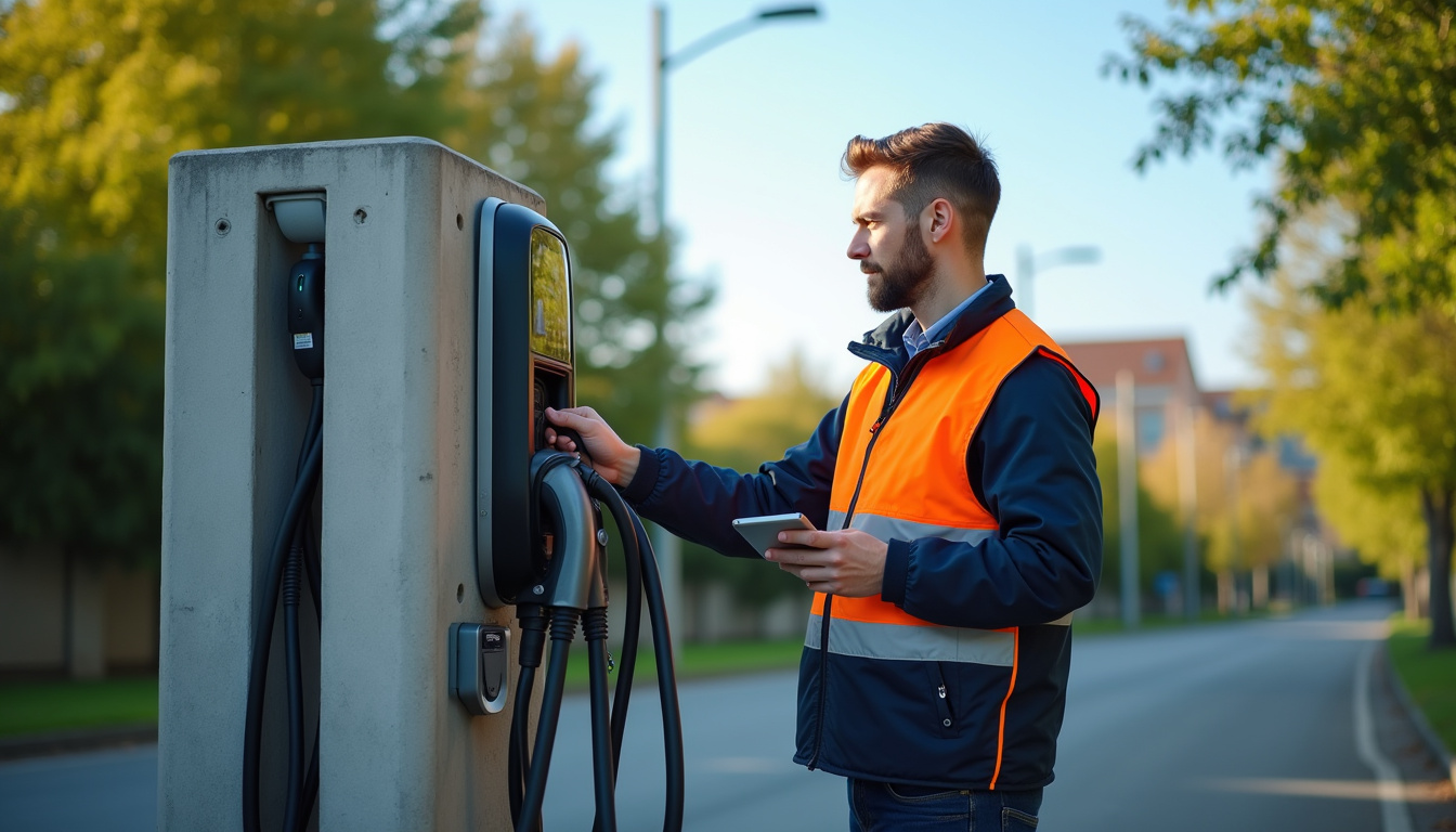 Technicien vérifiant le bon fonctionnement d'une borne de recharge en extérieur