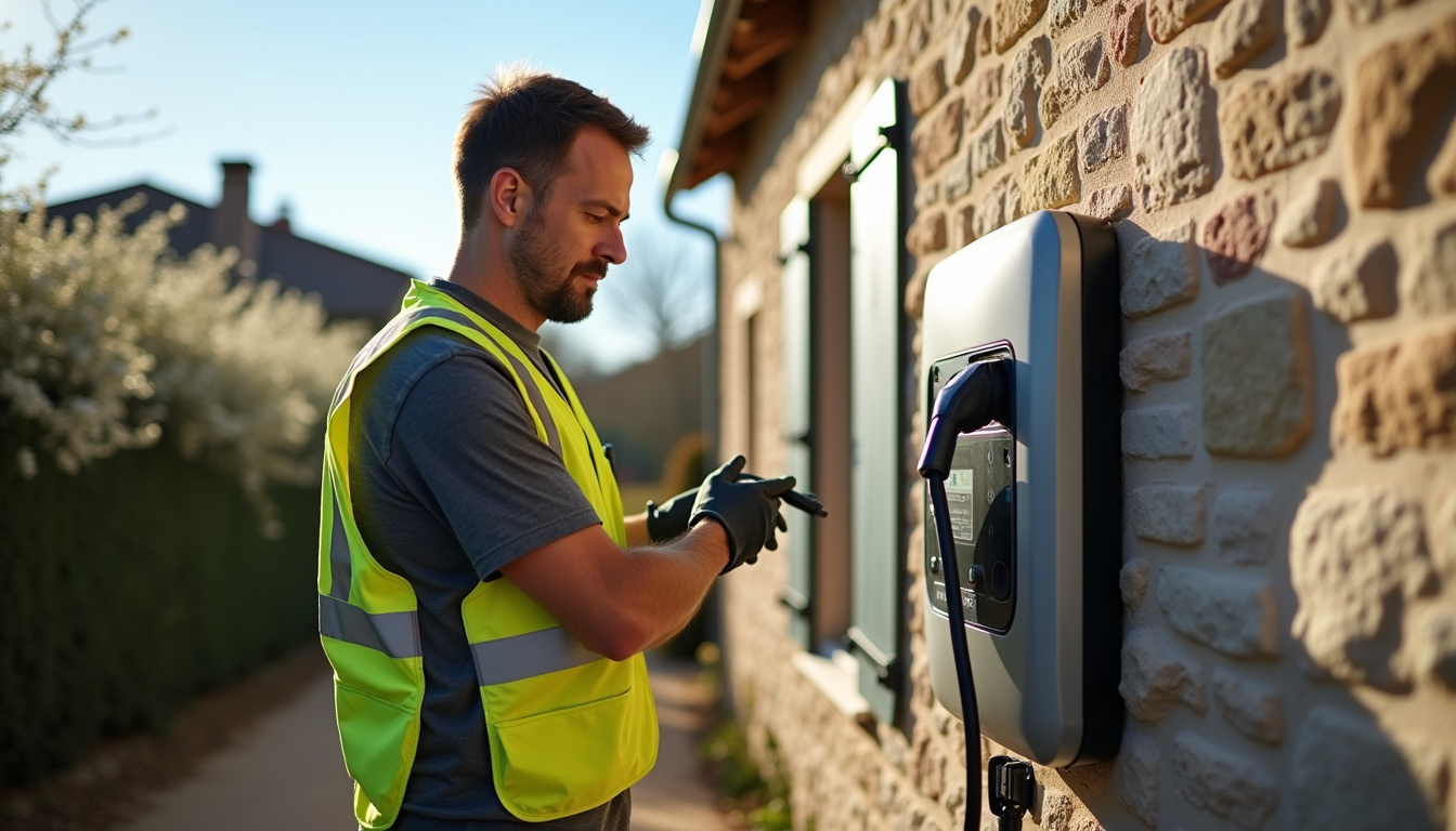 Un électricien certifié IRVE en train d'installer une borne de recharge à Balazé