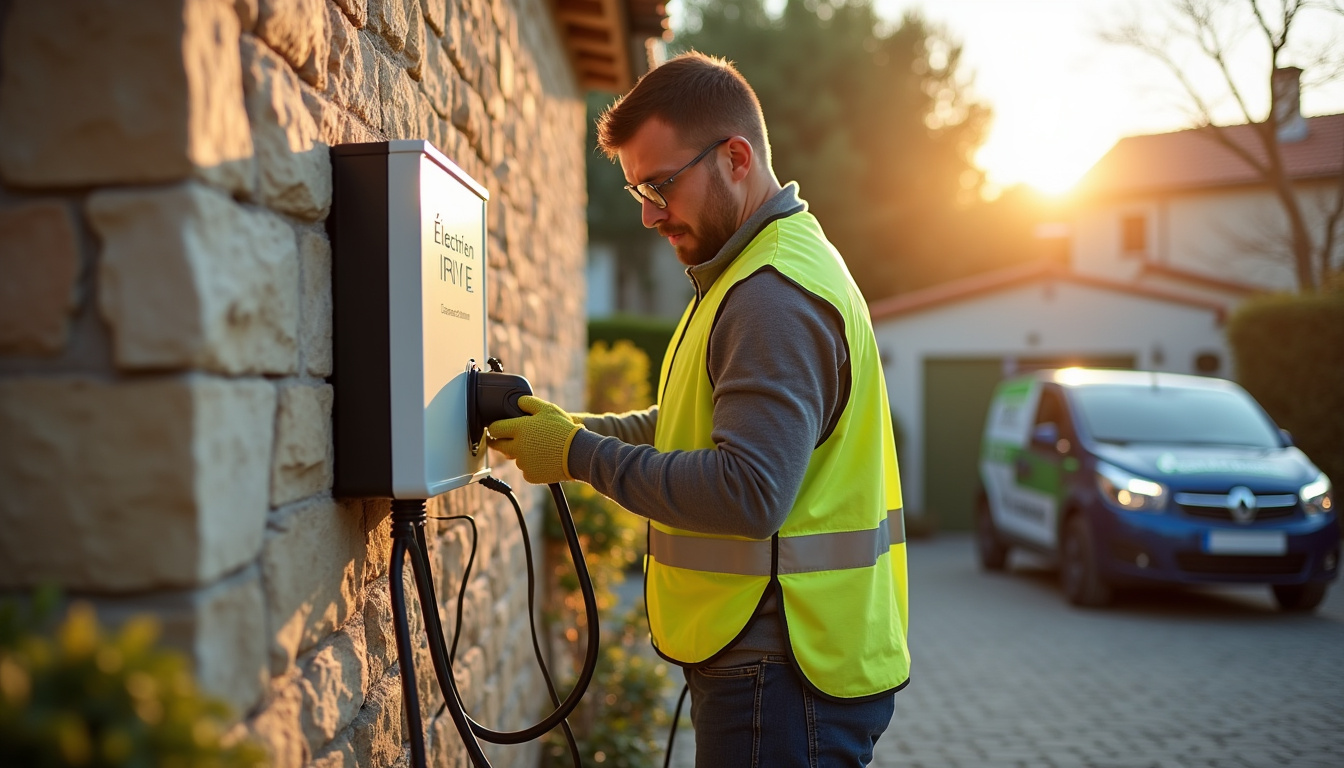 Un électricien certifié IRVE en train d'installer une borne de recharge à Vendres