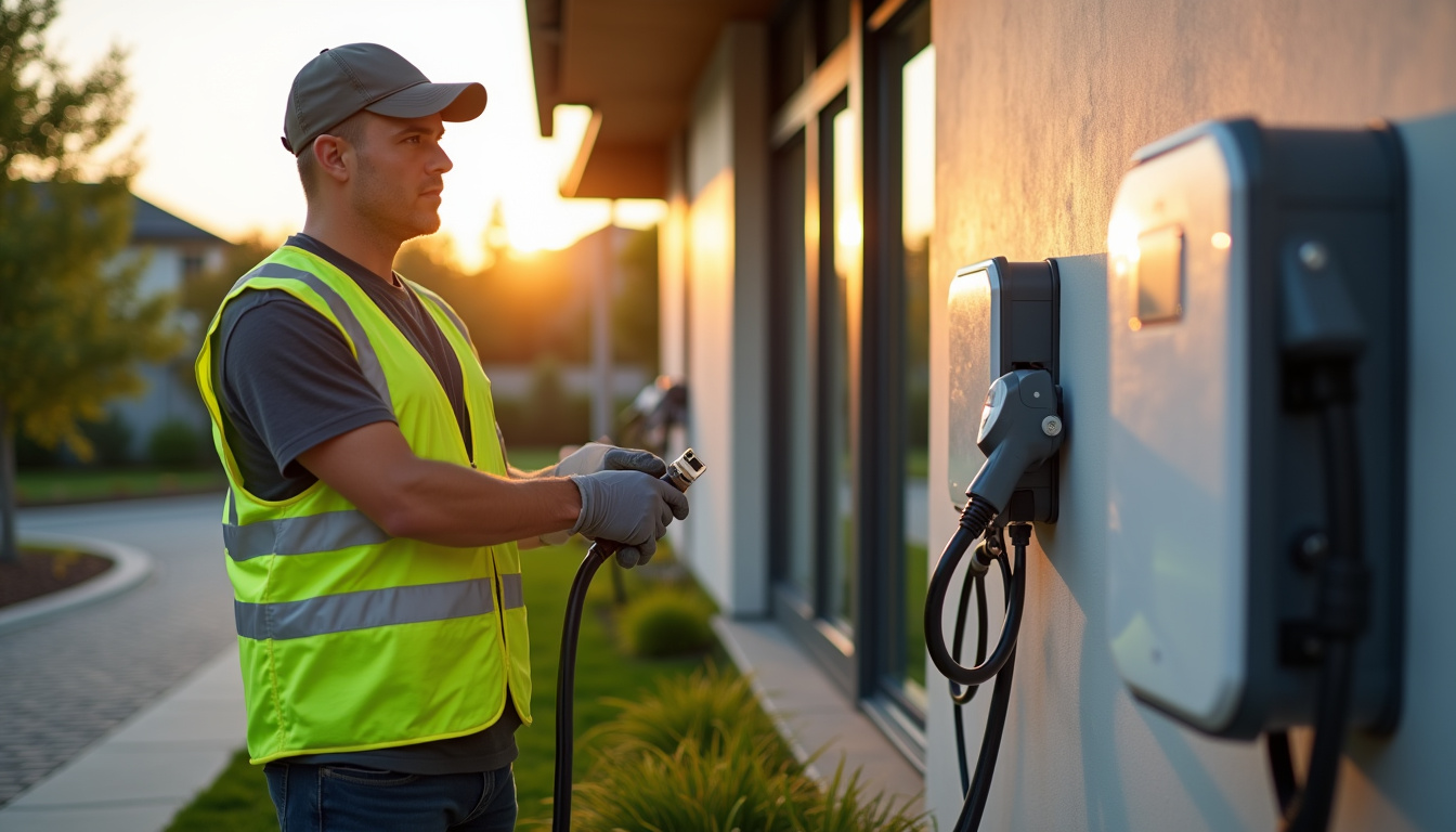 Un électricien certifié IRVE installant une borne de recharge en extérieur