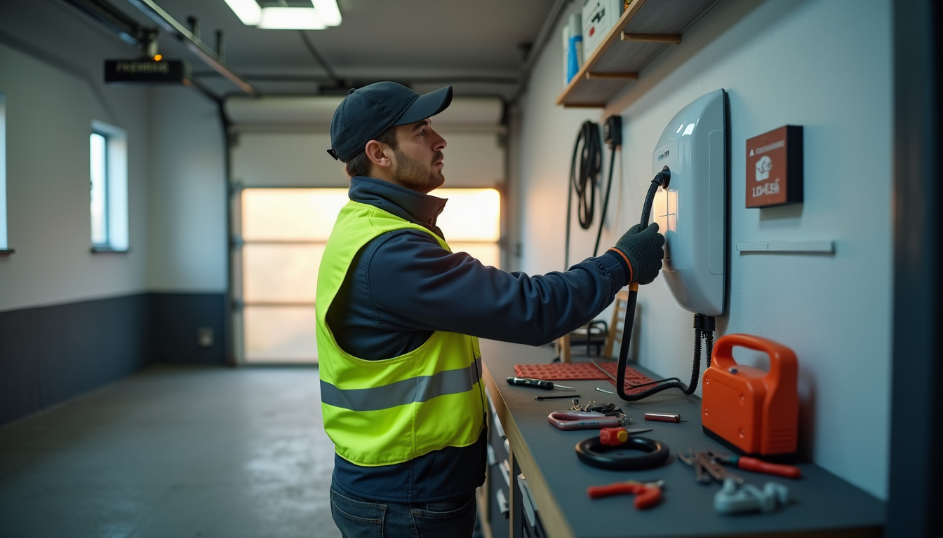 Un électricien en train d'installer une borne de recharge dans un garage à Bénéjacq