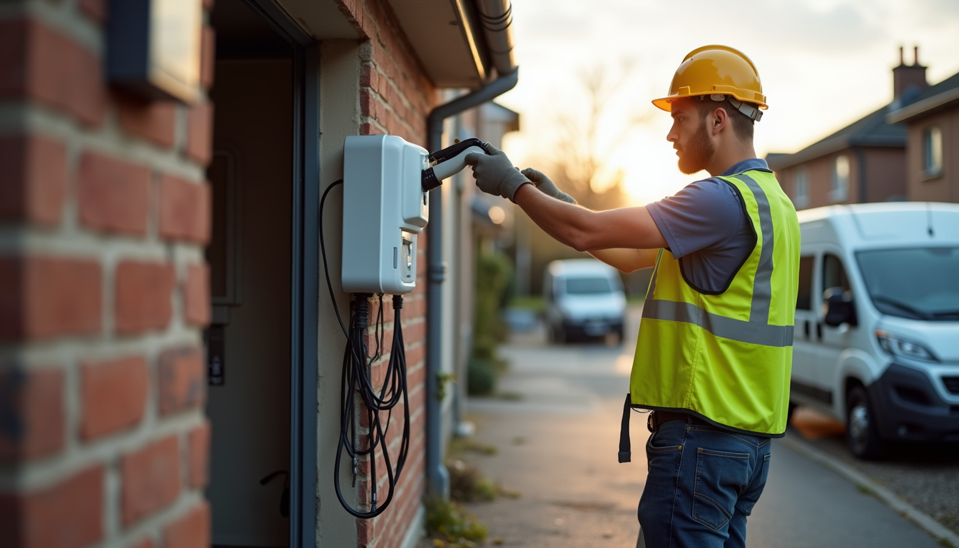 Un électricien en train d’installer une borne de recharge murale devant un garage à Deûlémont
