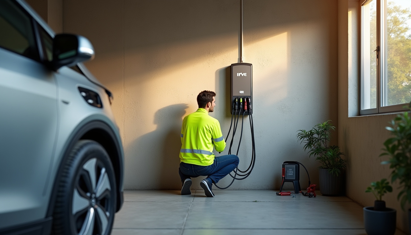 Un technicien certifié IRVE en train d'installer une borne de recharge dans un garage à Pacé