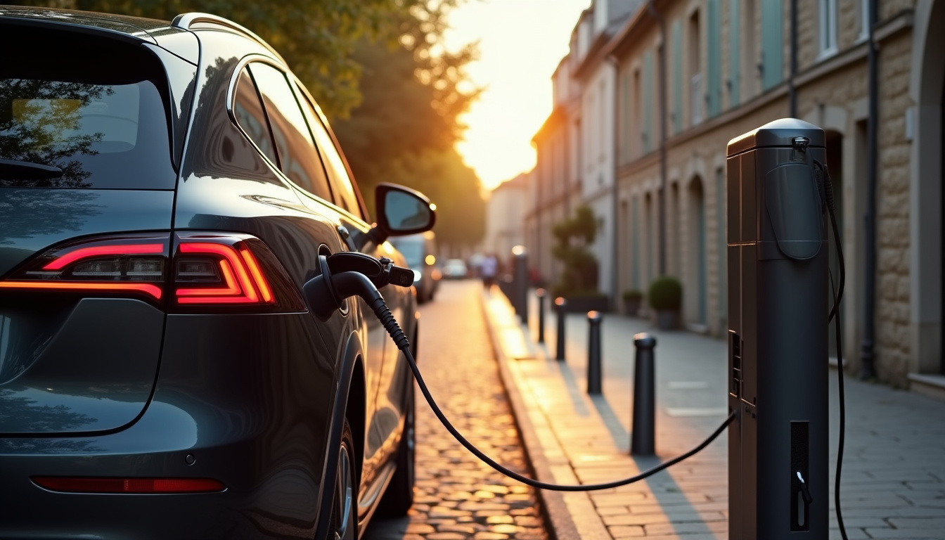 Véhicule électrique en charge sur une borne publique en milieu urbain