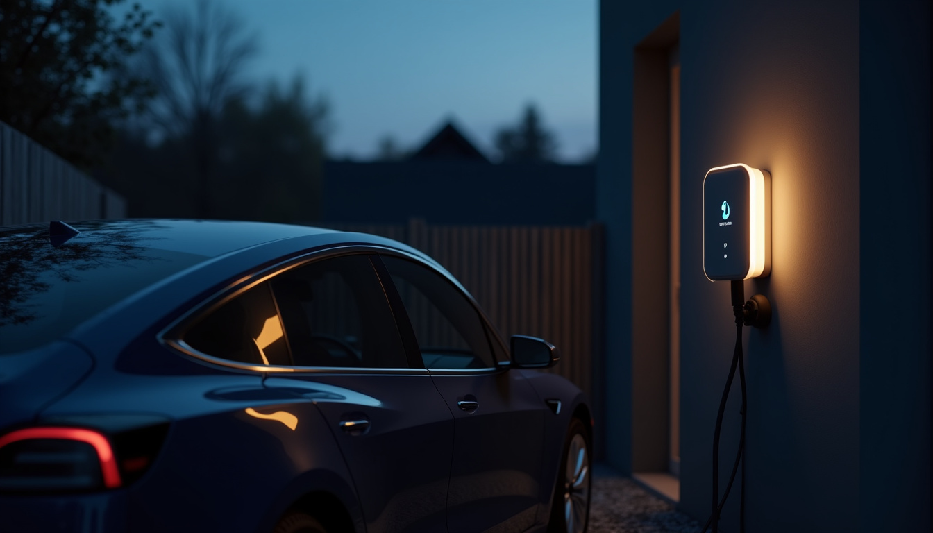 Voiture électrique en charge avec une borne murale en soirée, vue extérieure