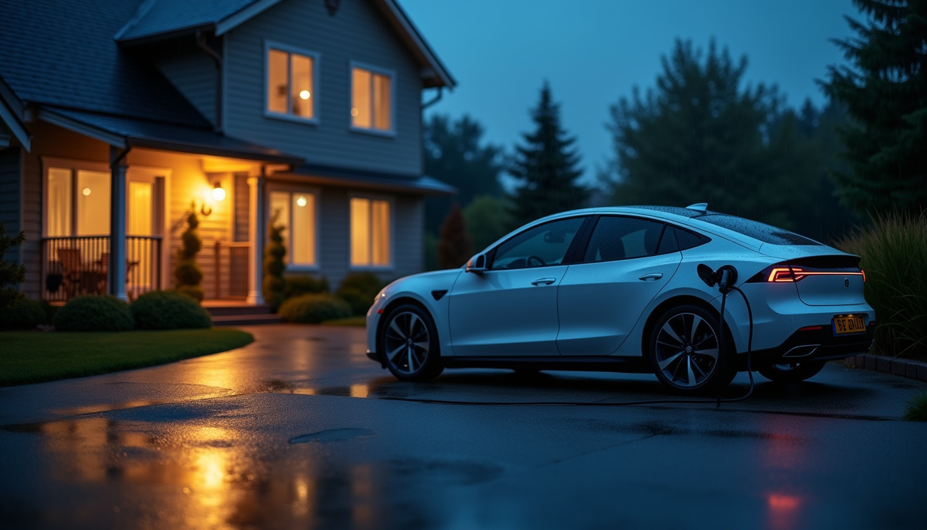 Voiture électrique en charge la nuit, vue extérieure d'une maison