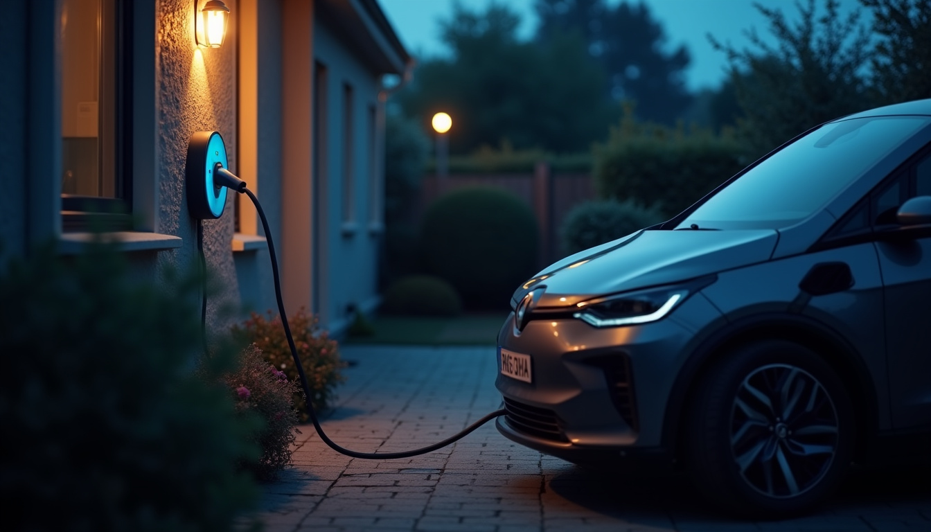 Voiture électrique en train de recharger la nuit à domicile avec une borne murale