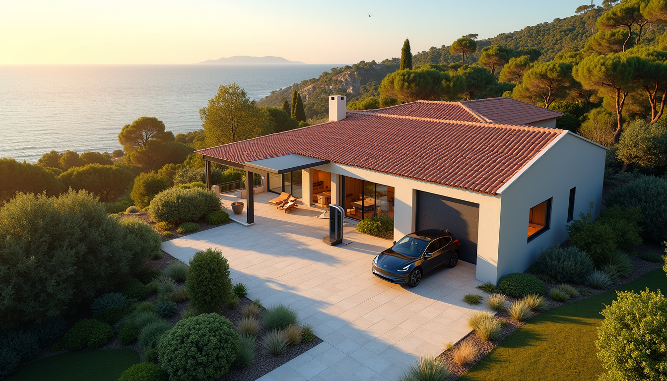 Vue aérienne d'une villa avec une borne de recharge installée en extérieur à La Croix-Valmer
