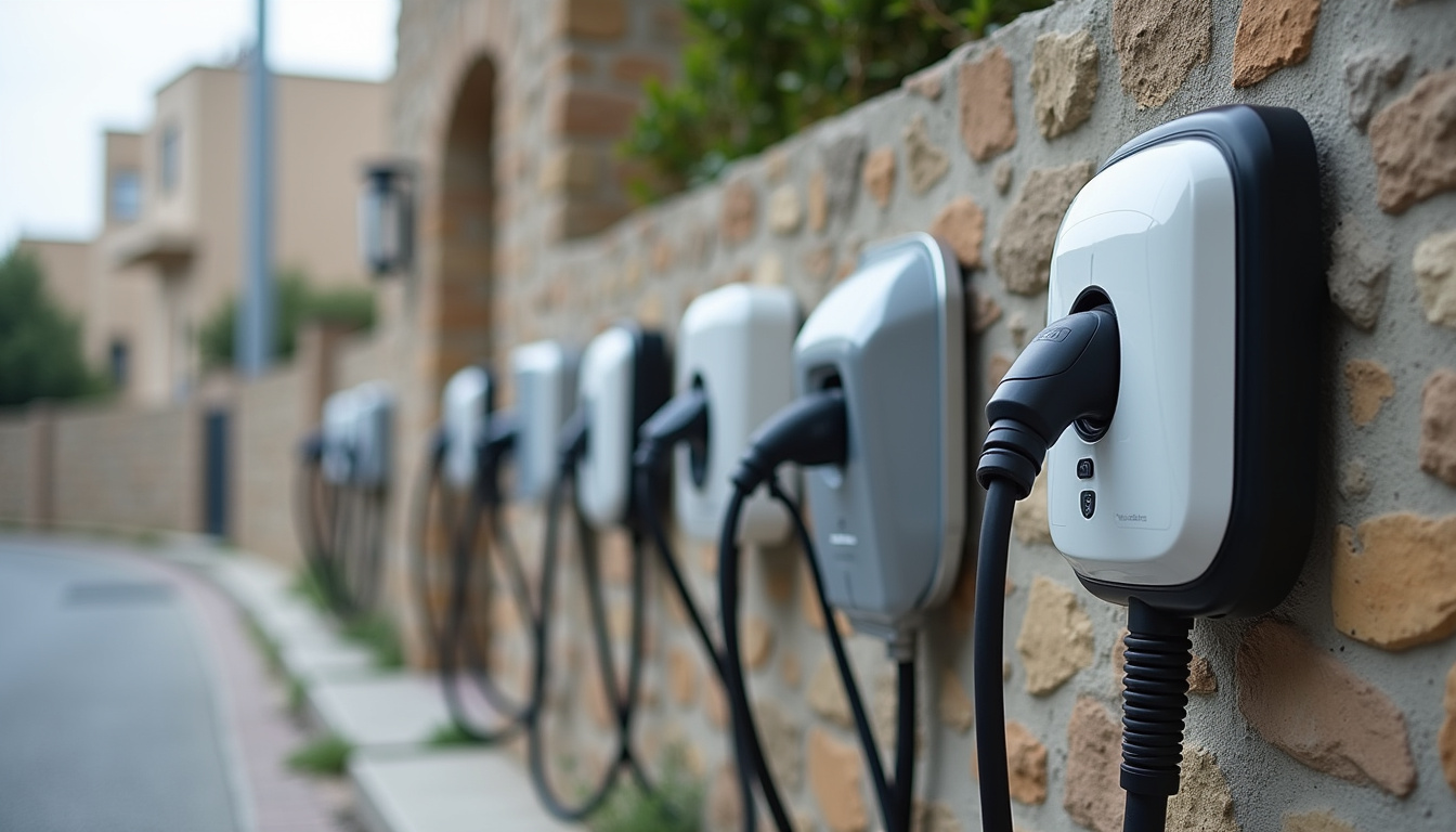 Vue d’ensemble de plusieurs modèles de bornes de recharge murales installées à Hadol