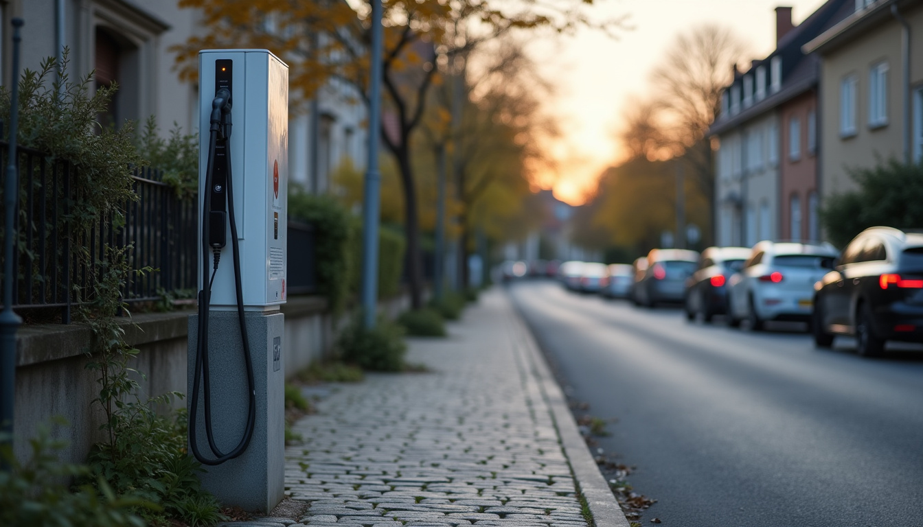 Vue d'une borne de recharge électrique installée en bordure d'une rue à Deûlémont
