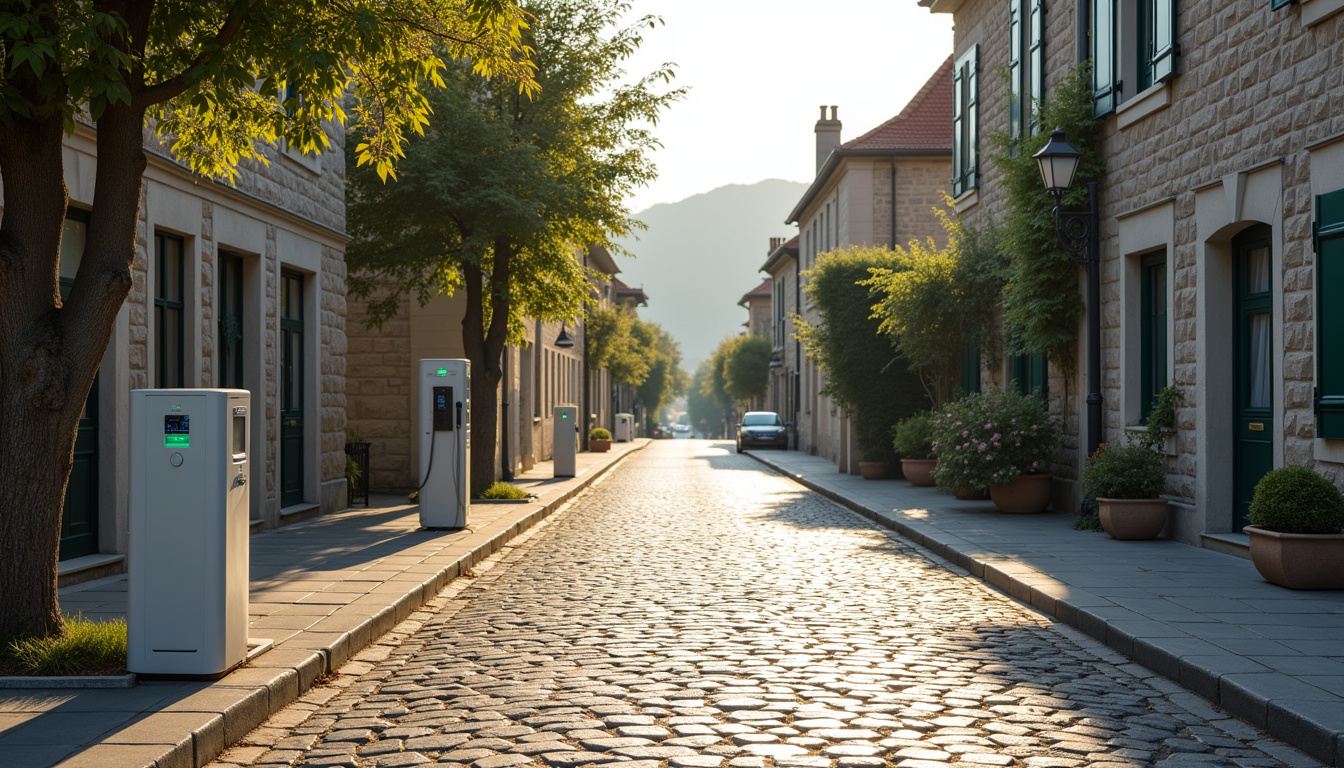 Vue d'une rue d'Orcet avec des bornes électriques installées le long du trottoir