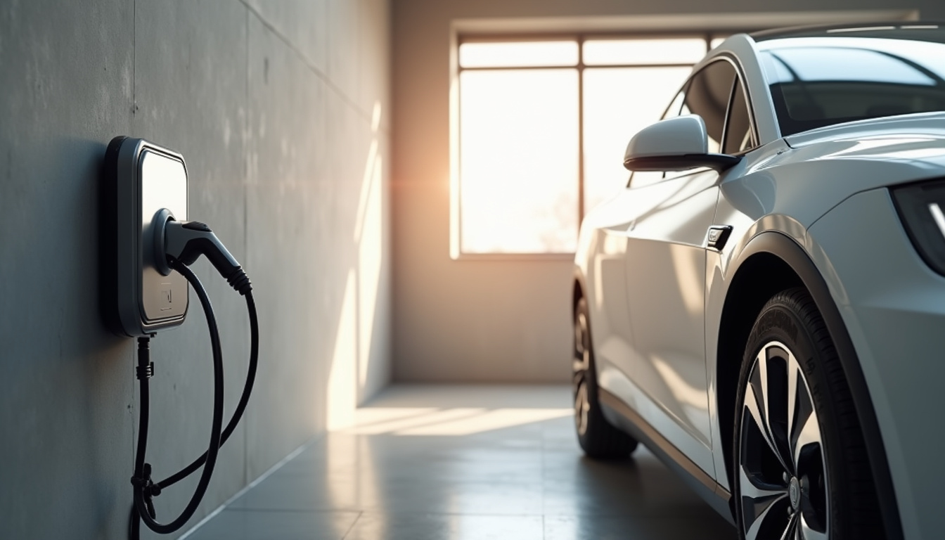 Vue intérieure d'un garage à Lamarque avec une borne murale installée, câble raccordé à une voiture électrique en charge