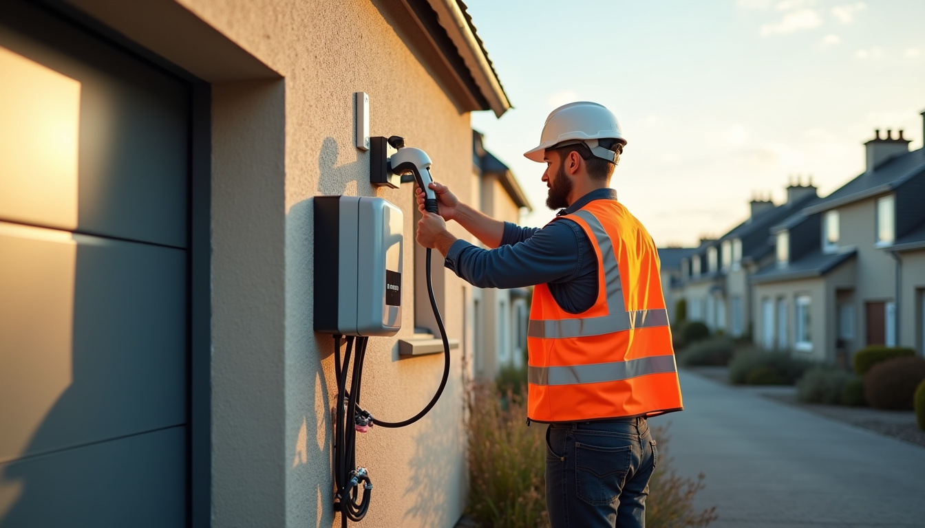 Électricien en train d'installer une borne de recharge électrique à Landerneau