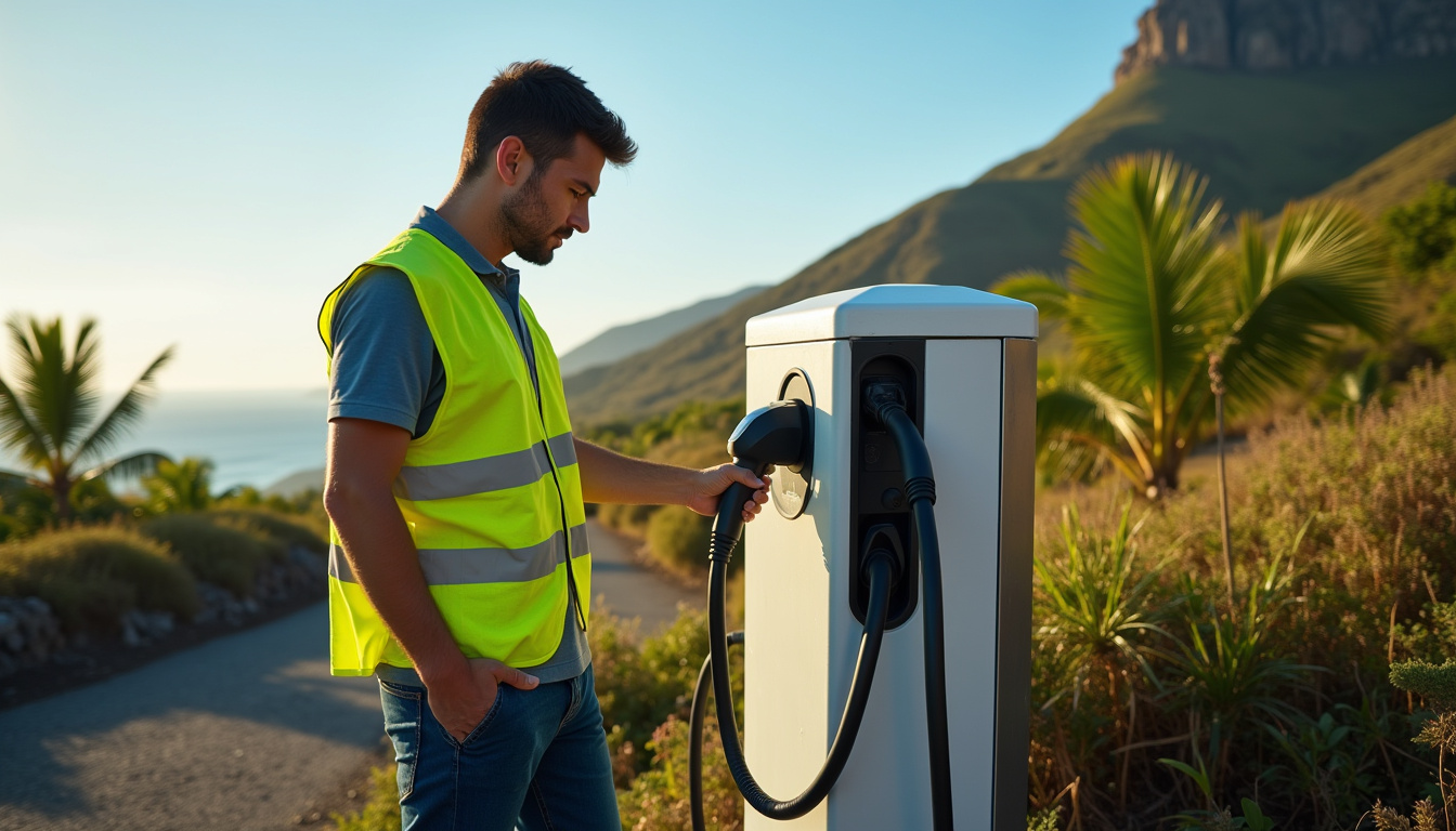 Technicien en train de vérifier une borne de recharge électrique à La Réunion