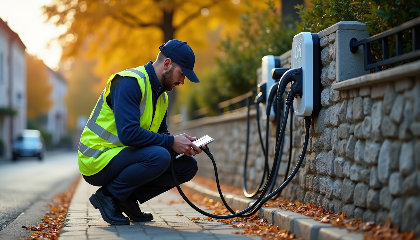 Technicien en train de vérifier une borne de recharge électrique lors d'une maintenance préventive