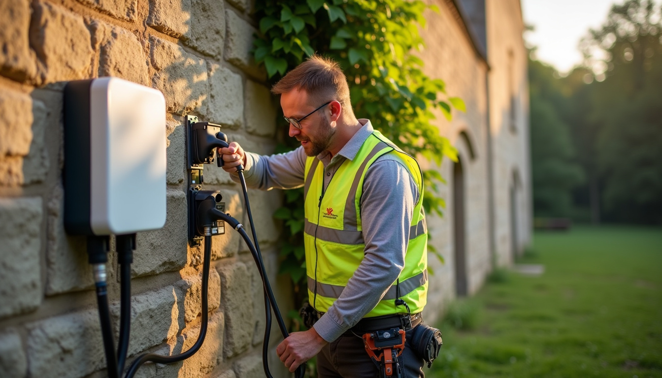 Électricien certifié IRVE en train d'installer une borne de recharge à Fontevraud-l'Abbaye