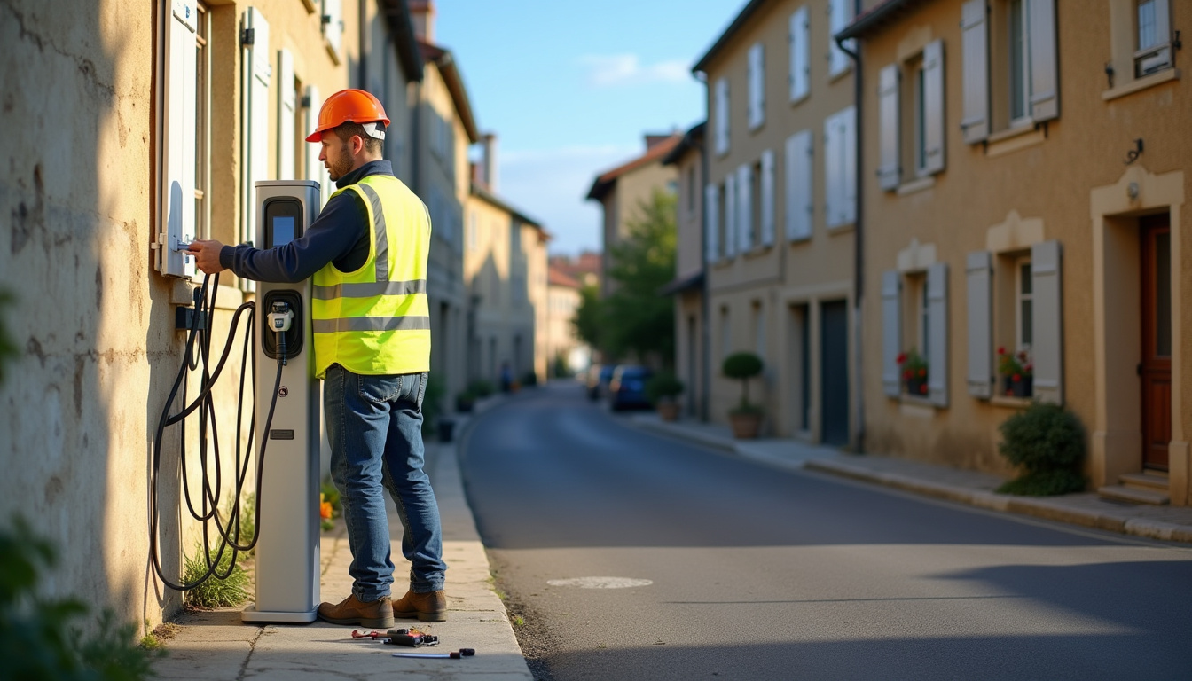 Technicien en train d'installer une borne de recharge électrique à Rivière-sur-Tarn